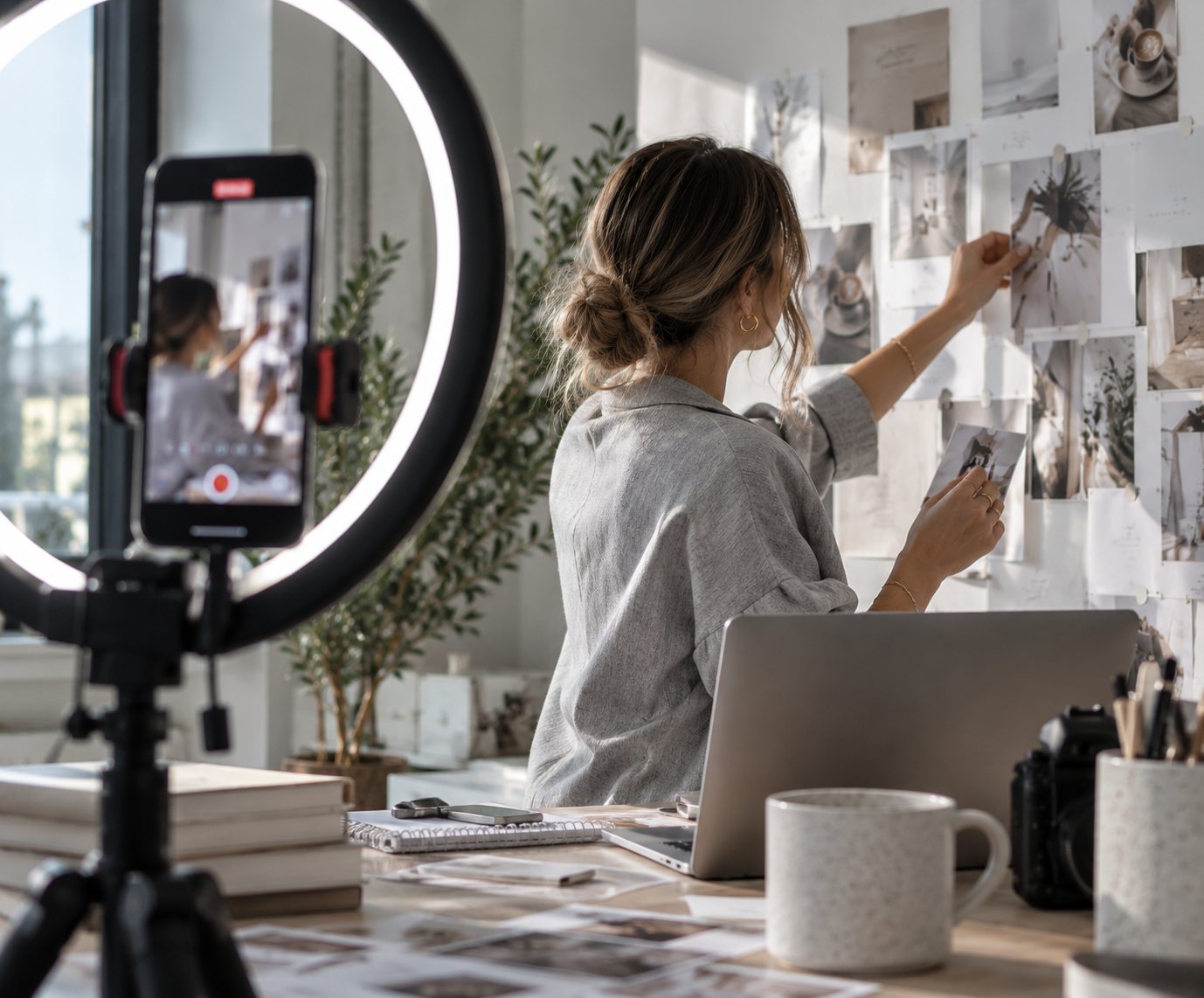 Frau gestaltet ein Moodboard, im Vordergrund filmt ein Smartphone am Ringlicht