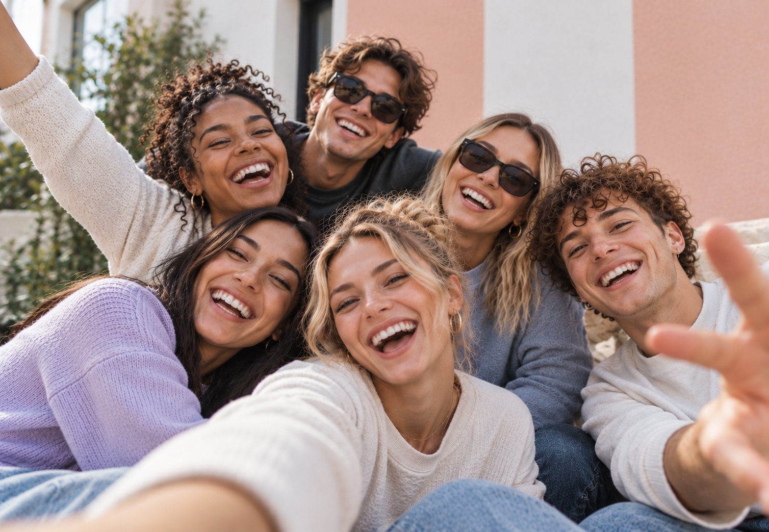 Eine Gruppe junger Leute macht lachend ein Selfie